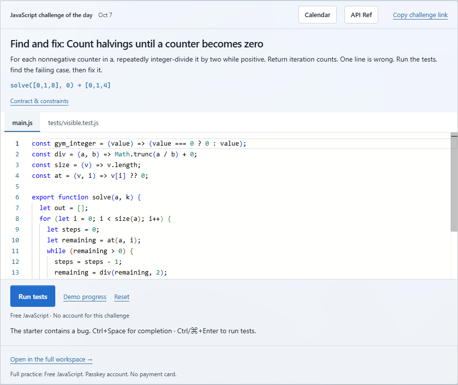 The daily JavaScript challenge with its task, editable starter code, tests and Run tests action.