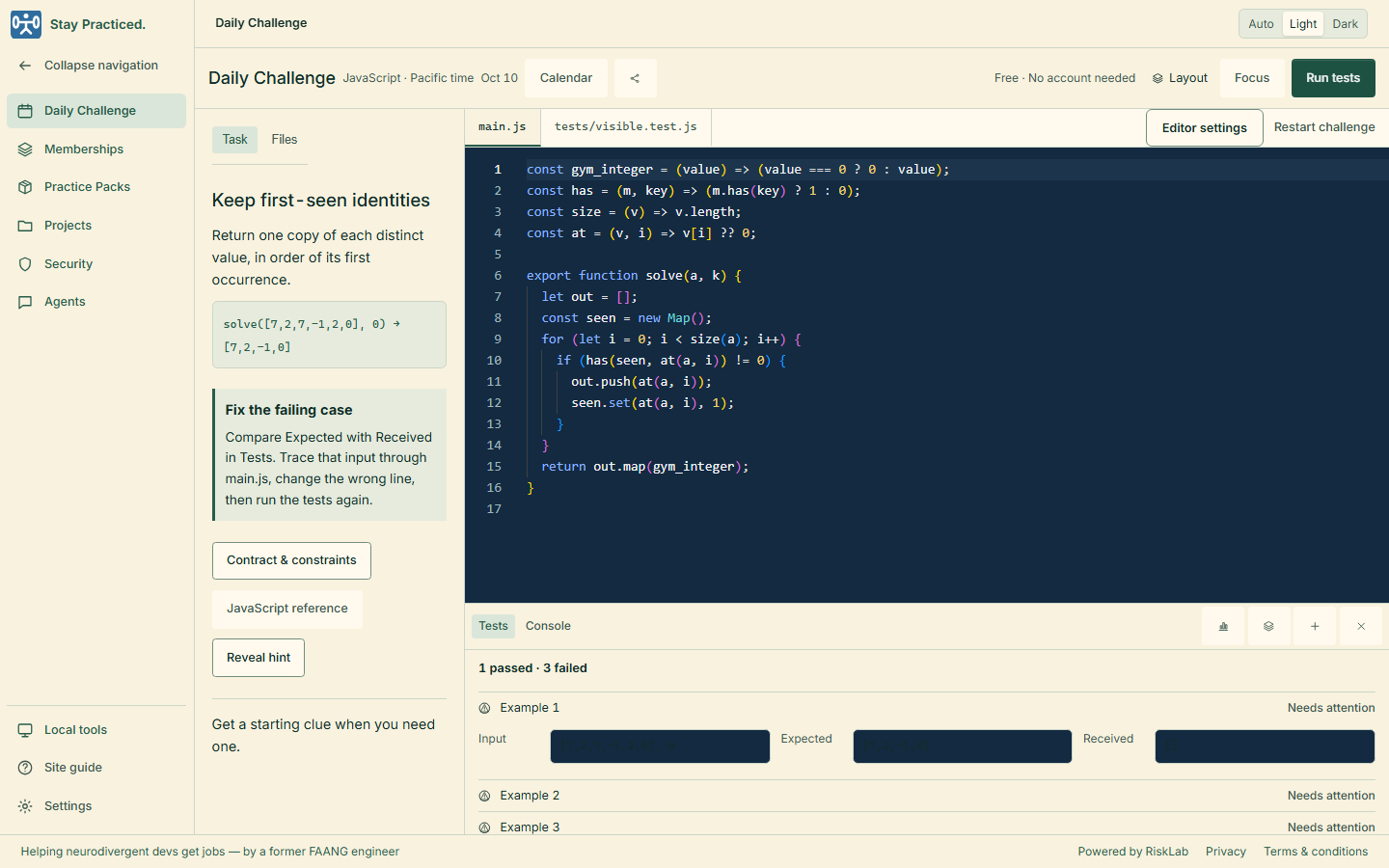 The daily JavaScript challenge with its task, editable starter code, tests and Run tests action.