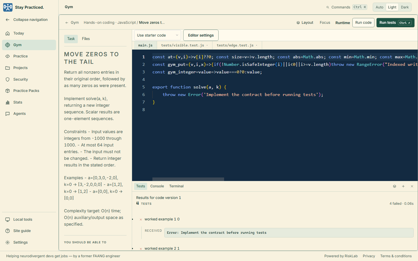 Stay Practiced coding workspace with task and files beside the code editor, and results below.