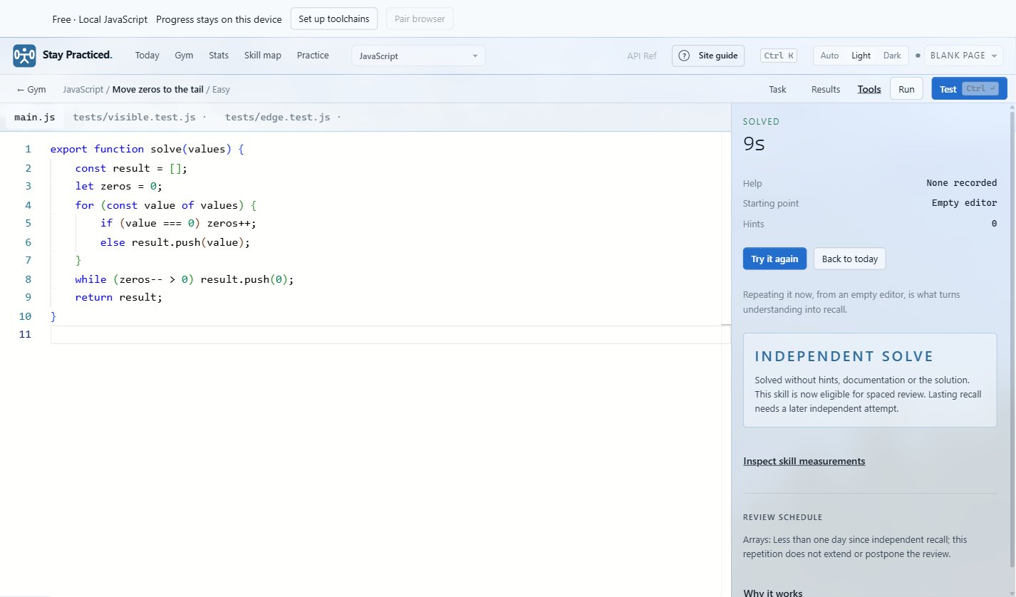 Stay Practiced desktop JavaScript workspace with code, passing tests and the next review.