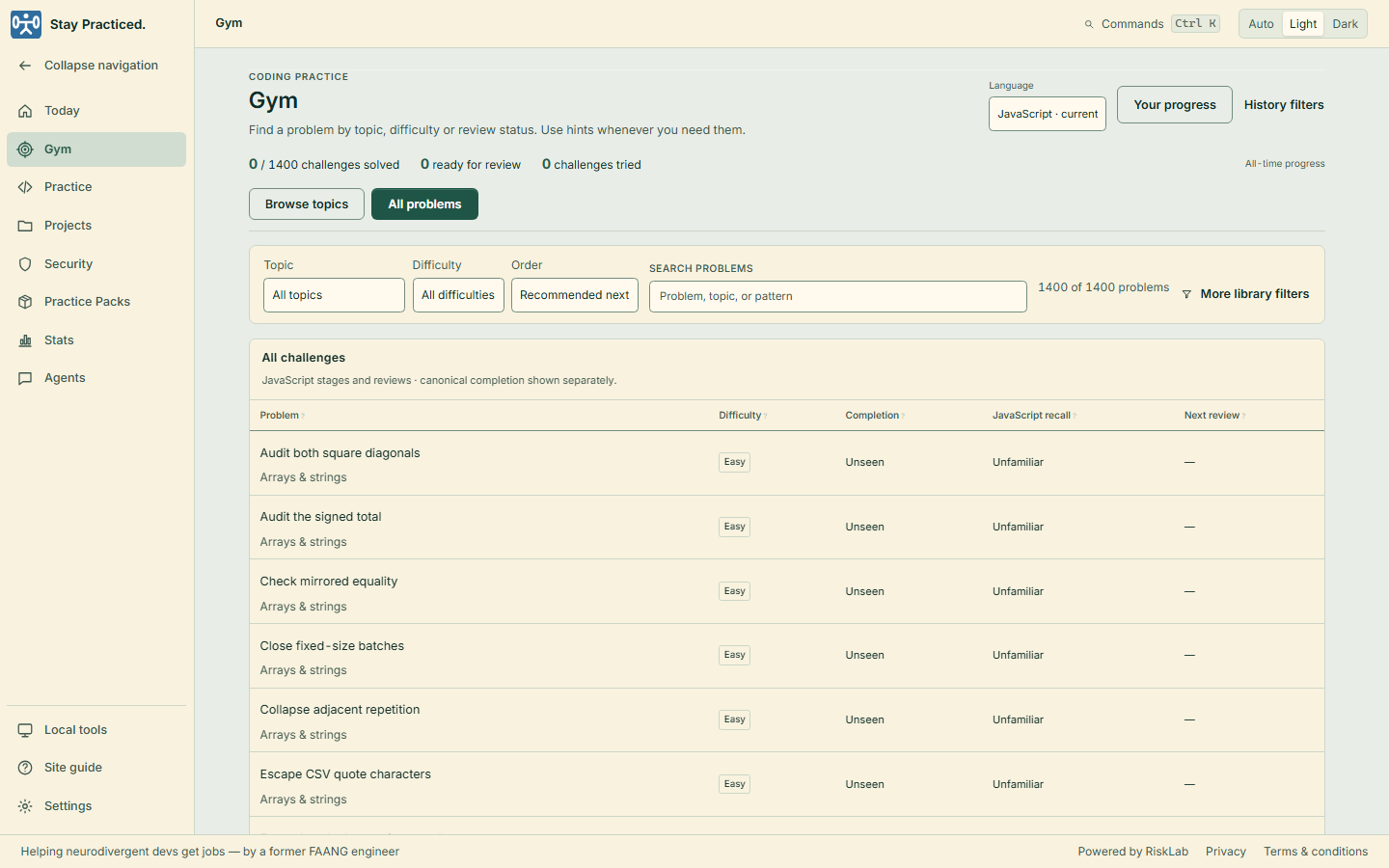 Algorithm Gym with its problem catalog, pattern filters and difficulty choices.