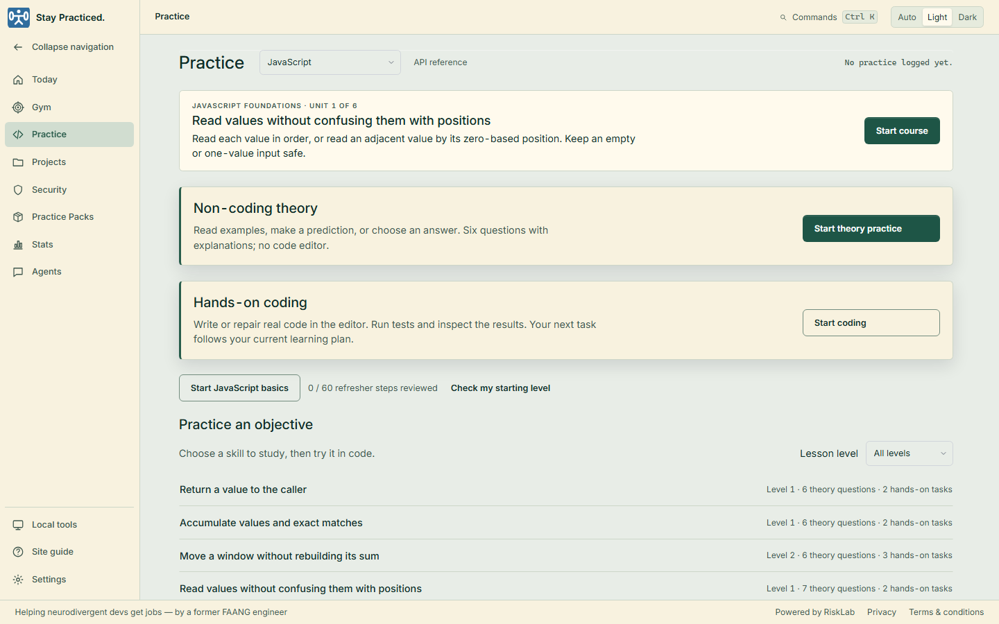 Practice with separate non-coding theory and hands-on coding choices.