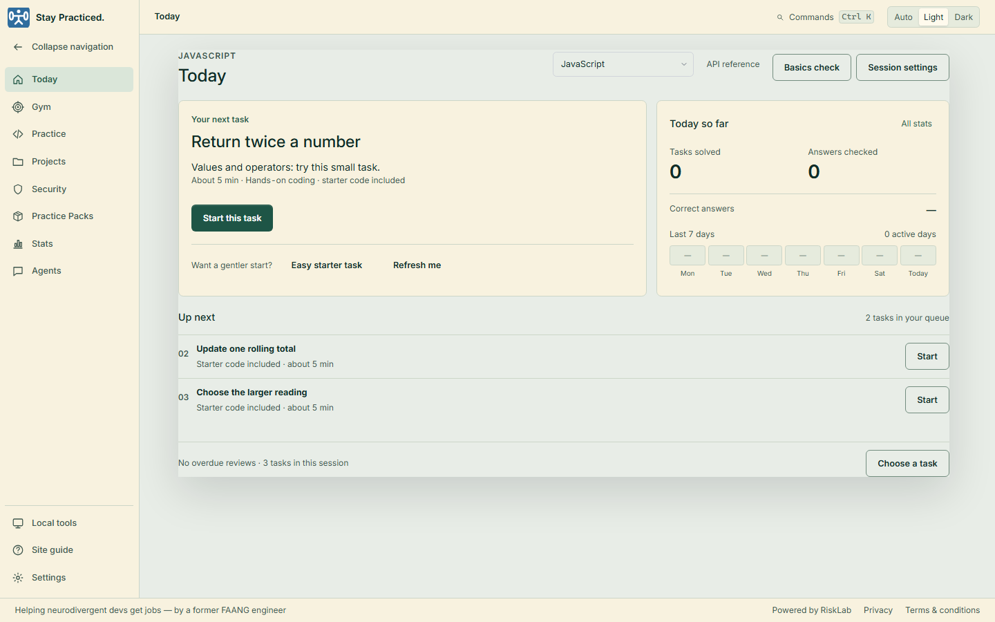 Today with the next coding task, session queue and recorded daily progress.